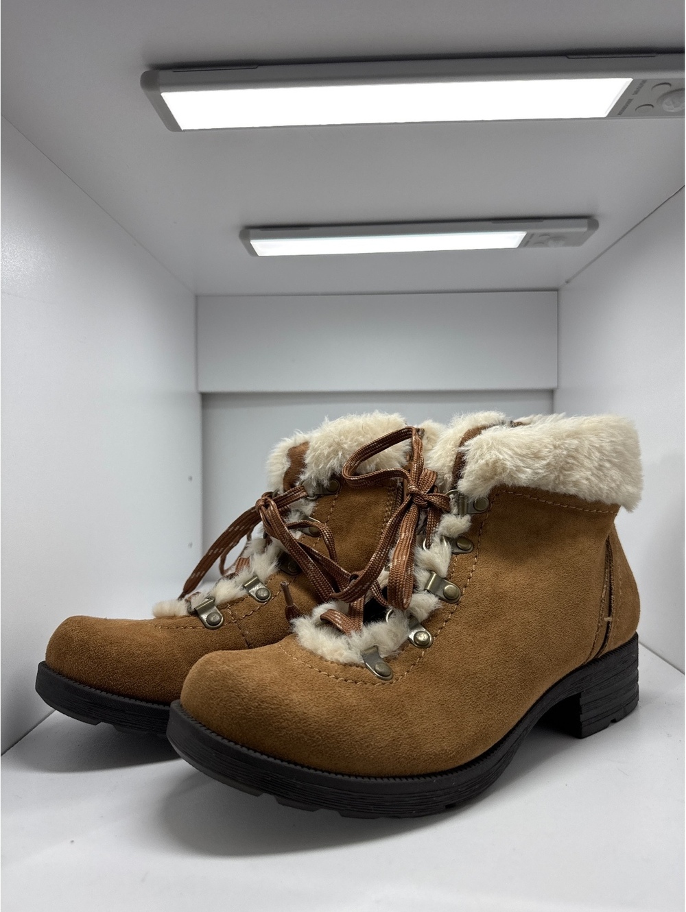 Earth Origins Remi Faux Fur Trim Brown Ankle Boots, Size 8